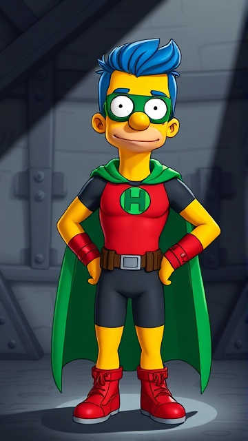 Milhouse Van Houten from The Simpsons, with his yellow skin, really big round nose, and blue hair that's slicked back and curled up at the top, but as a tall, 18-year old teenager, dressed as a parody of Robin, The Boy Wonder, with an extremely muscular torso and arms, a dark green bodysuit with a red torso adorned with a green H symbol on his chest, a grey utility belt, red boots, red long-cuffed gloves, a big, heel-length long, ultra-wide green cape, and a green eye mask with optical lenses in it, now known as Houseboy, The Nerd Wonder, the other half of Springfield's Dynamic Duo, and one of the greatest vigilante superheroes ever known in Springfield. He is currently standing in his secret high-tech underground lair, ready for action.