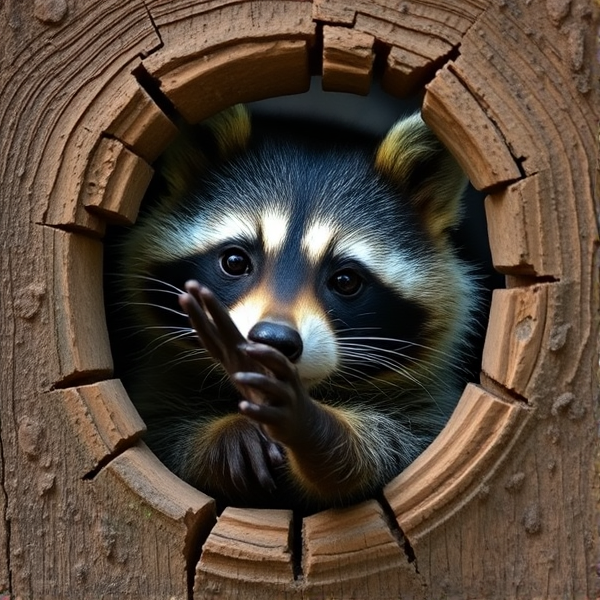 Raccoon hand reaching m through a hole