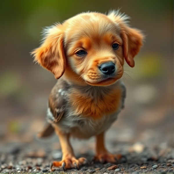 A animal with a golden retriever head and a robin body with bird feet that is small and newborn