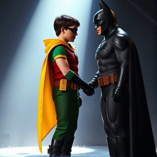 Movie Scene: A medium, preteen 12-year old boy with light skin and dark brown hair named Connor Bardley, but dressed as Robin, The Boy Wonder, with an extremely muscular body, a sleek green suit with a red torso with a black circle with a yellow R symbol on his left pectoral, a gold utility belt, black boots, black long-cuffed gloves, a big, heel-length, ultra-wide collared cape that's black on the outside and yellow on the inside, and a black eye mask, standing in the Bat Cave, where he meets Batman for the first time, where they shake hands and officially team up.