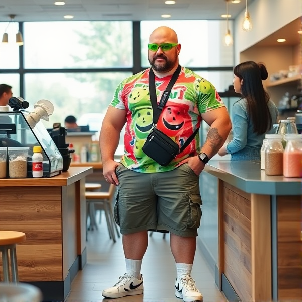 A bald 300 lb muscular man  wearing cargo shorts, a kool-aid man shirt, white socks, sketchers shoes, neon green cycling glasses, cross body bag, talking to an Asian woman cashier, at a Cafe