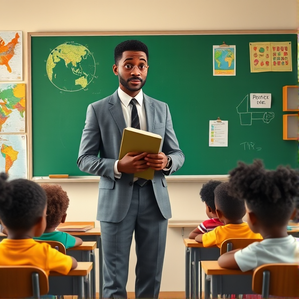 Directeur d'école afro-américain debout tenant un classeur dans ses mains portant un costume formel, dans une salle de classe avec un tableau vert, s'adressant avec bienveillance à un groupe d'élèves afro-américaines attentives de huit ans assises à leurs pupitres. Ils sont entourés de matériel pédagogique adapté à leur âge, comme des cartes géographiques, des affiches éducatives et des dessins d'enfants accrochés aux murs. La scène dégage une atmosphère chaleureuse et encourageante.