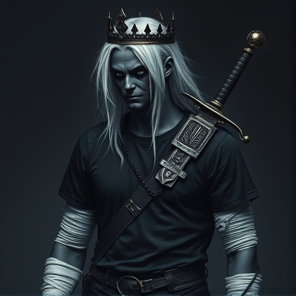 A male human with pitch black skin, a black tee with bandages that cover his arms, bounty hunter armor covering his bottom half, white hair with some blood on the right part of the hair, a black crown, a black crying entity face with no mouth, and a sword in its sheath on his back