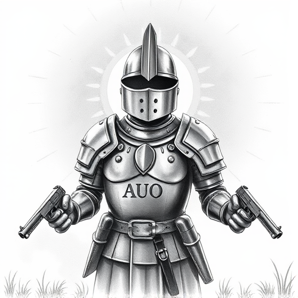 A detailed greyscale depiction of the iconic Australian outlaw Ned Kelly in his traditional armor, complete with his signature helmet. He stands defiantly with a pistol clutched in each hand. The chest piece is intricately engraved with the initials "AUO".