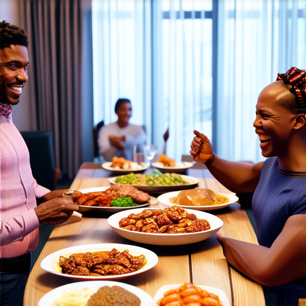 Repas de famille afro-américaine chaleureux et convivial, avec un grand assortiment de plats traditionnels soul food sur une grande table en bois, entourée de membres de la famille riant et partageant des moments ensemble dans une salle à manger bien éclairée et décorée pour l'occasion