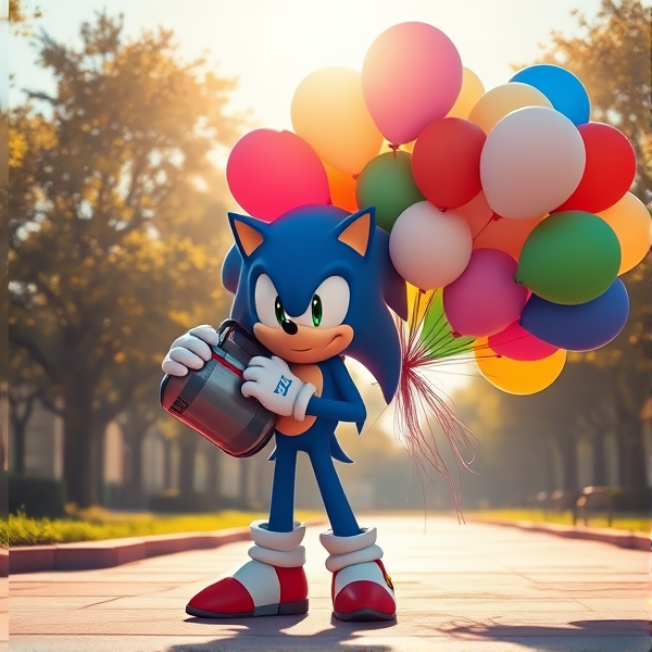 Sonic the Hedgehog in a dynamic standing pose, gripping a large helium tank, with a vibrant bouquet of assorted 16-inch balloons totaling 450 in number, set against the backdrop of a sunlit park scene