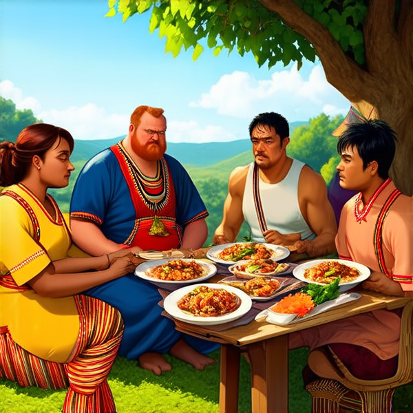 A traditional family meal in an African village setting with a variety of indigenous dishes, people dressed in colorful ethnic attire, engaging in lively conversation under the shade of a large tree