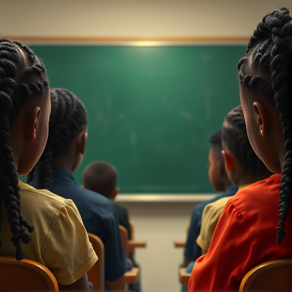 des filles noires de huit ans avec des tresses africaine et des garçons assis dans une classe face au tableau vert