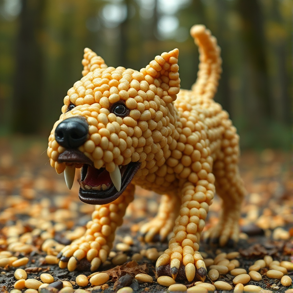 A fierce dog made of beans