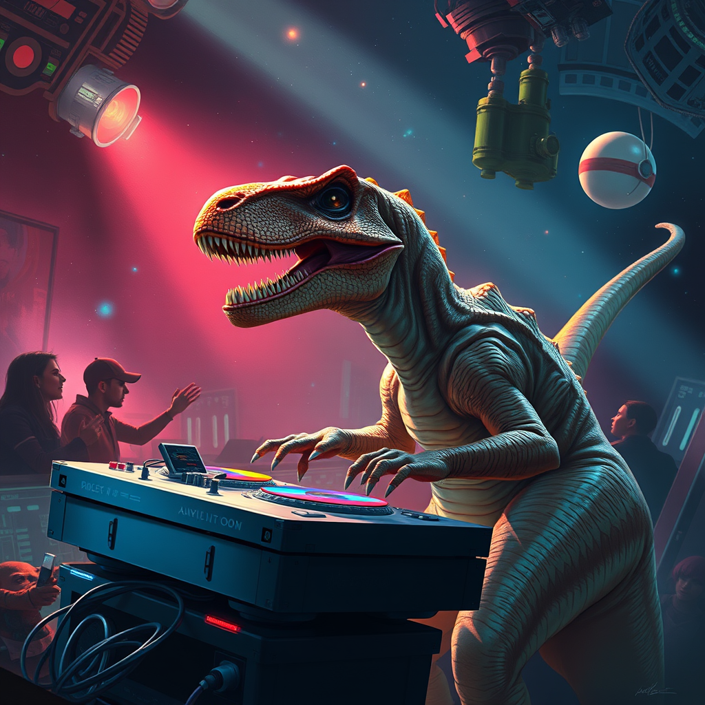 A dinosaur DJing at a disco in space