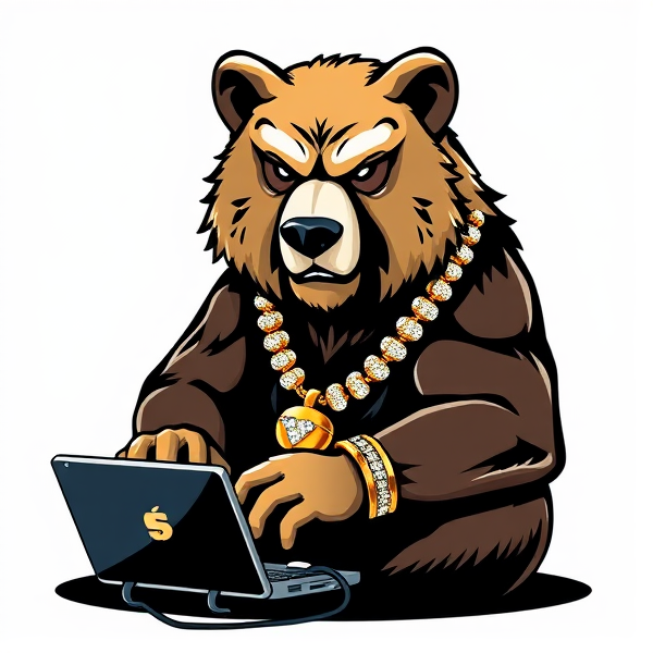 Conception d'un logo dynamique avec un ours stylisé assis en position confiante devant un ordinateur portable, en train de composer de la musique. L'ours porte une chaîne en or épaisse sertie de diamants scintillants et arbore plusieurs bijoux étincelants: bagues ornées, bracelets massifs et un pendentif luxueux. Son expression est agressive et pleine d'assurance, avec des détails finement travaillés pour refléter sa personnalité imposante.