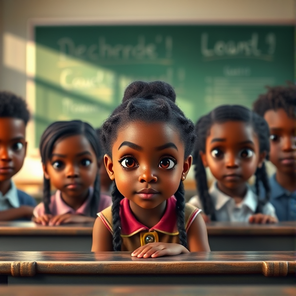des filles noires de huit ans avec des tresses africaine et garçons assis dans une classe face au tableau