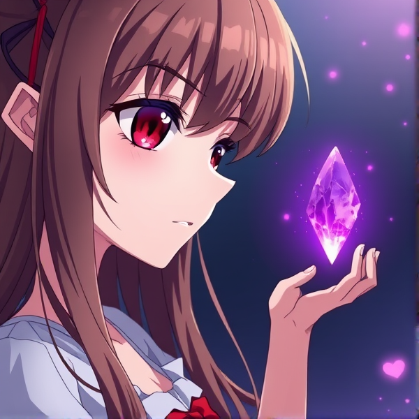 Girl with long brown hair, red eyes,  looking at a small floating purple crystal anime style