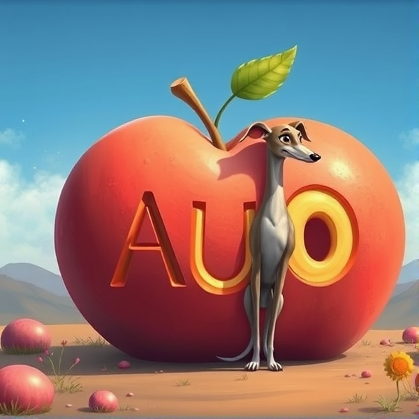 Big ripe peach in the landscape with the letters "AUO" carved out. with a sleek Italian greyhound perched alongside, set against a clear blue sky.