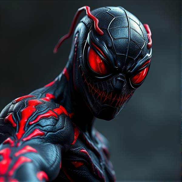 Créer une image d'un symbiote noir et rouge avec un picotement dans le bras et les yeux rouge