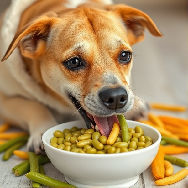 A dog eating beans