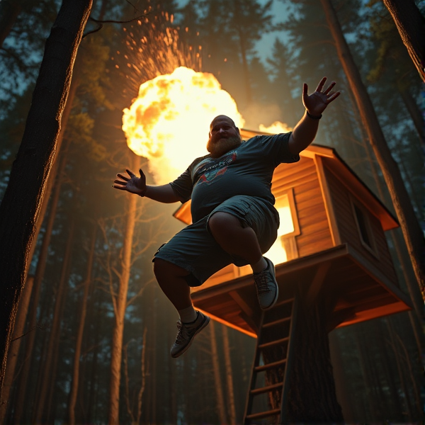 A bald 300 lb man with a beard wearing cargo shorts, a kool-aid man shirt, white socks, sketchers shoes, jumping out of an exploding tree house, night time, the woods, action sequence, 4k, explosion in the back ground,  high up in the trees,