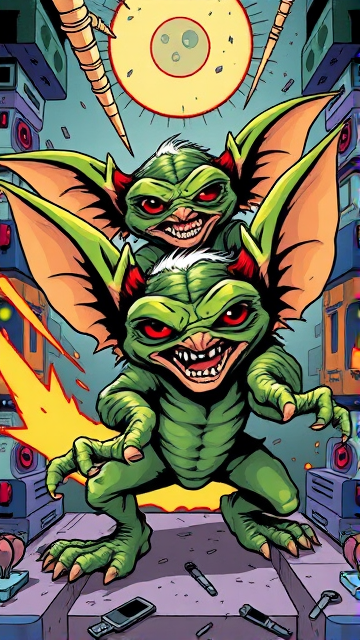 Gremlins espiègles et malicieux causant le chaos, style bande dessinée des années 80