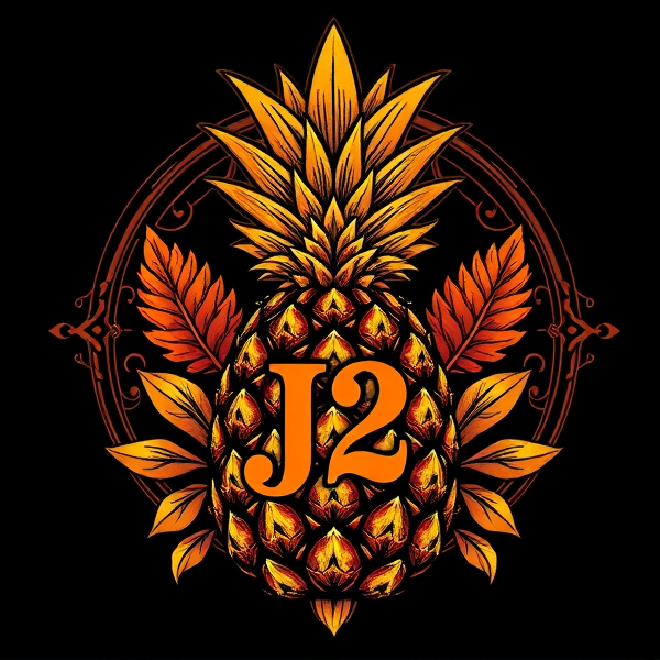Création d'un logo élégant et complexe mettant en vedette un ananas hautement stylisé au centre, avec des motifs exotiques détaillés. Cet ananas doit avoir un visage expressif qui lui donne une personnalité unique. Intégrer subtilement les initiales "J2" dans le design des yeux de l'ananas, en utilisant une teinte orange bien visible qui s'harmonise avec le reste du motif sans être trop envahissante. Le design global devrait incarner le luxe et la créativité à travers des ornements fins et une attention particulière portée aux finesses du détail pour créer un sentiment de célébration artistique.