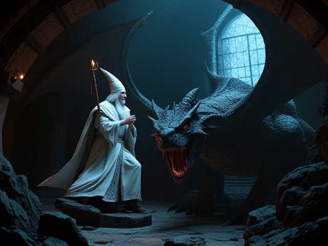 A white wizard slaying a dragon in the dungeon.