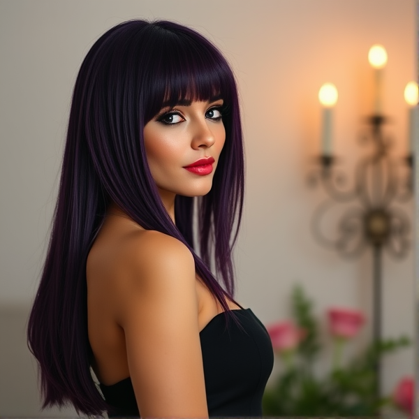 Belle femme long cheveux lisses mauves en  robe de soirée noire