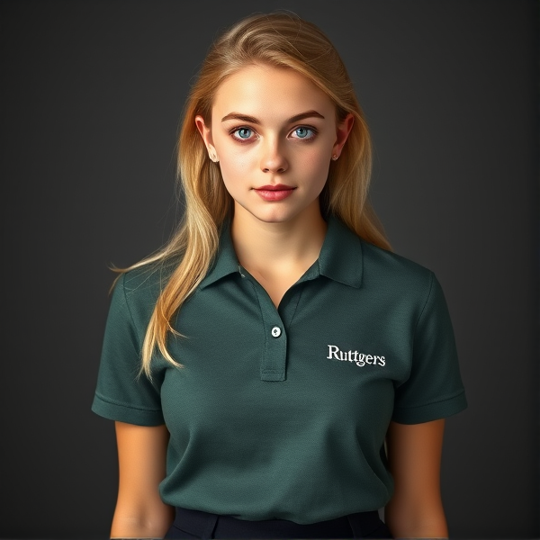 Photorealistic portrait of a young, blonde 19-year-old female with bright blue eyes and a smattering of light freckles across her nose, standing in a direct front-facing stance. Her hair is softly styled in a natural way. She wears a dark green-gray polo shirt with subtle white embroidery spelling "Ruttgers" on the left chest area, paired with a chic black mini skirt. The image should capture the essence of youthful grace and simplicity without relying on vivid color schemes or cosmetic enhancements. Heart shaped face thick black lashes