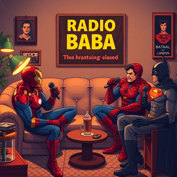 Illustration détaillée et colorée de Radio Baba dans un salon intime et chaleureux, éclairé par une lumière douce, avec un grand canapé confortable où se trouvent Iron Man, Spider-Man, super man katwomen de l'univers Marvel en tenue de super-héros, assis en face de Batman de l'univers classe des salon londonien. Ils sont tous engagés dans une conversation animée, tenant chacun un microphone stylisé à la main comme s'ils étaient dans une émission de radio ou un podcast. L'ambiance est conviviale mais sérieuse, avec des expressions faciales qui montrent qu'ils discutent d'un sujet important. La pièce comporte des éléments décoratifs geek et cosy pour compléter le cadre chaleureux avec un grande affiche mentionnant BabaAli