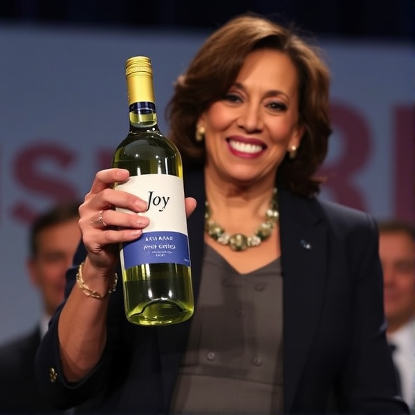 Kamala Harris holding a bottle of "Joy" Pinot grigio