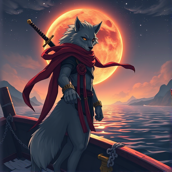 Loup roublard maitre de l'éclipse lunaire et avec un écharpe rouge autours du cou et avec deux épées dans le dos et il est sur un bateaux