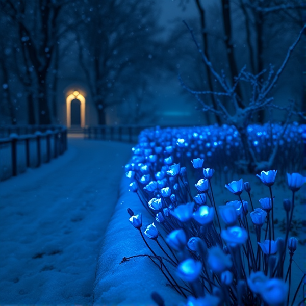 Une nuit enneigé avec des fleur bleu fluorescente