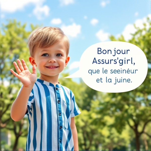 Un petit garçon aux cheveux blonds vêtu d'une chemise à rayures bleues et blanches salue chaleureusement avec ses mains levées dans un geste amical. À côté de lui, une bulle de dialogue claire et lisible affiche le texte "Bonjour Assur'girl, que le Seigneur te garde tout au long de la journée" dans une police élégante et enfantine. Le fond est un parc ensoleillé avec des arbres verts et un ciel bleu parsemé de quelques nuages blancs doux.