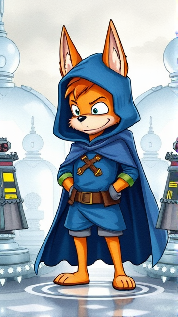 Miles 'Tails' Prower, but disguised in a big blue hooded cape with the hood keeping his face hidden, calling himself the Chosen One, standing in a mysterious dimension, talking to his Masters.
