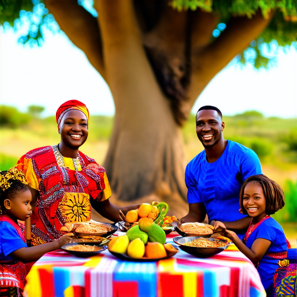 Un grand repas de famille traditionnel en plein air sous un baobab en Afrique, avec des plats locaux colorés et variés, des fruits exotiques, une grande nappe colorée, des hommes et femmes africains vêtus de tenues traditionnelles multicolores souriants et partageant un moment convivial