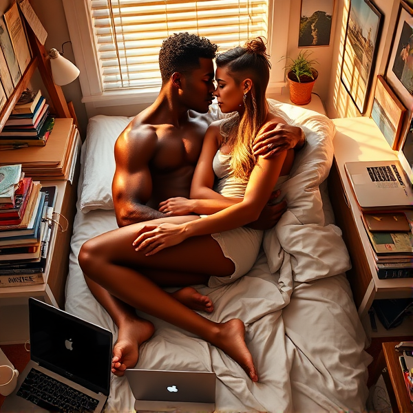 A post-intimate moment in a college dorm room, with a young couple laying down and sharing a narrow bed amid crumpled sheets. The male, a model of athleticism with an ebony complexion and chiseled features reminiscent of an ancient Olympian deity, is highlighted by the amber sunlight filtering through partially opened window blinds. His muscular arms embrace his partner tenderly. 

The female, with golden hair and a lithe, athletic build, rests her head on his chest while her arms encircle him. Both display glistening skin from recent intense passion. Morning light imbues her disheveled hair with a soft radiance.

They are wrapped in an intimate pose under tousled and provocatively placed bedding that suggests the fervor of their love. They exchange looks filled with desire; she playfully bites her lip as he returns her gaze with eyes full of silent promises.

The room reflects their student life: precarious stacks of textbooks and a desk strewn with study materials, walls adorned with posters symbolizing intellectual pursuits and wanderlust, mismatched furniture, and a cozy rug. Discarded clothes on the floor and bed indicate urgency their sensual connection required just now. There are two coffee mugs—one bearing the chips of frequent use—and open laptops hint at scholarly dedication intermittently surrendered to their lustful connection.

The scene captures their intellectual compatibility entwined with primal attraction—an amalgam of respect, understanding, and physical magnetism that resonates in every gesture.
