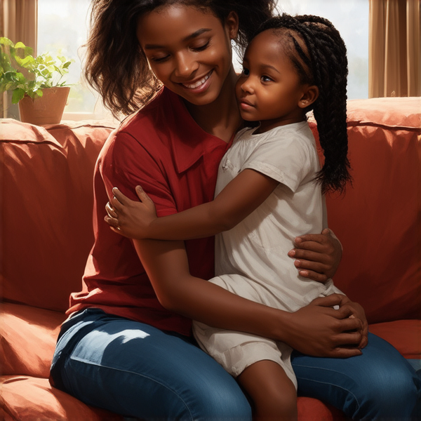 An 8-year-old African girl with intricate traditional braided hair, sitting comfortably on her mother's lap, both exuding a warm and nurturing atmosphere. The mother is depicted as loving and protective, embracing her daughter in a cozy, homelike setting and there are his father also with her
