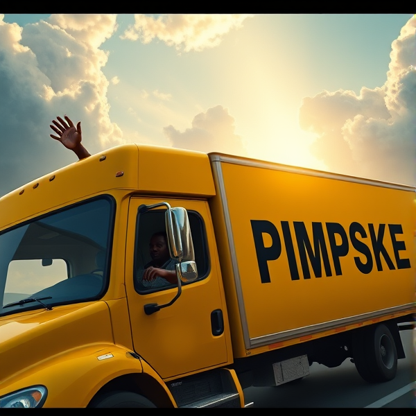 Black man waving out drivers side window of an all yellow moving truck that says the word "PIMPSKE" ON THE SIDE, truck driving into heaven