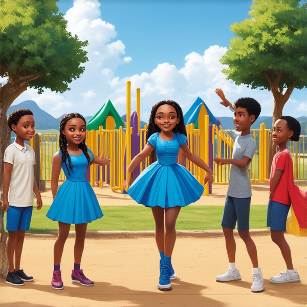 Jeune fille africaine de 8 ans, portant des tresses traditionnelles serrées et élaborées, vêtue d'une robe bleue, souriante et rayonnante de joie, debout au centre d'une cour de récréation ensoleillée avec des eleves en arrière-plan