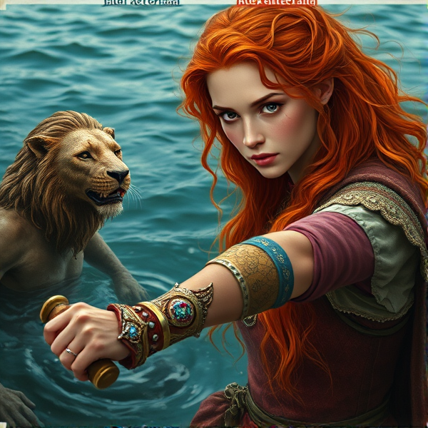 Red haired Caucasian Arthurian princess points her lion hilted sword towards a sea servant in the sea