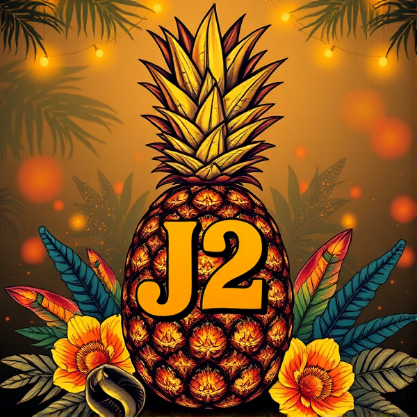 Conception d'un logo sophistiqué avec un ananas hautement stylisé et orné de motifs exotiques, placé au cœur d'une scène célébratoire. L'ananas arbore un visage riche en expressions qui lui confère une identité remarquable. Les initiales "J2" doivent être adroitement incorporées à la place des yeux de l'ananas et d'une manière très originale de couleur orange visibles et intégrées harmonieusement dans le dessin, tout en préservant leur lisibilité sans être ostentatoires. La composition doit évoquer le luxe et l'artisticité grâce à des éléments décoratifs raffinés et un travail minutieux sur les détails.