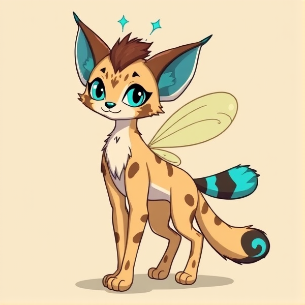 Lynx beige fursona furry with brown and blue markings and blue ears, star blue antennae with 2 bug wings and 4 arms. Cartoony silly little Lynx fursona scenecore with a brown tuft. Standing on two legs and  no lighter markings standing on two legs. Blue inside the ears and a blue and brown heart on her tail. Her tail fades into a dark and a lighter blue. Standing on 2 legs on 2 legs not on 4 legs she is standing on two legs two of them and she’s standing on 2 legs like a human but she isn’t human okay. Oh my gosh I said she’s a furry so she’s standing on 2 legs and also she’s a Lynx and where is her antennae  she has antennae shaped into the shape of a star on top of her head. She is a lynx cat and crossed with a mantis.