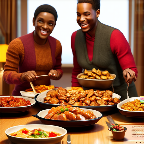 Repas de famille afro-américaine chaleureux et convivial, avec un grand assortiment de plats traditionnels soul food sur une grande table en bois, entourée de membres de la famille riant et partageant des moments ensemble dans une salle à manger bien éclairée et décorée pour l'occasion