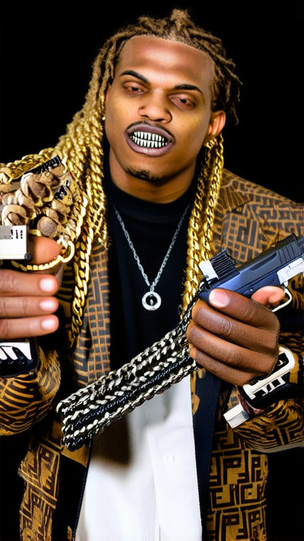Un gangster avec des locks des chaînes en vvs et des grillz dans un ensemble fendi et une airforce one avec un blunt à la main et un glock dans l’autre le tout au studio ses locks sont blonde noir entremêlés en vanille