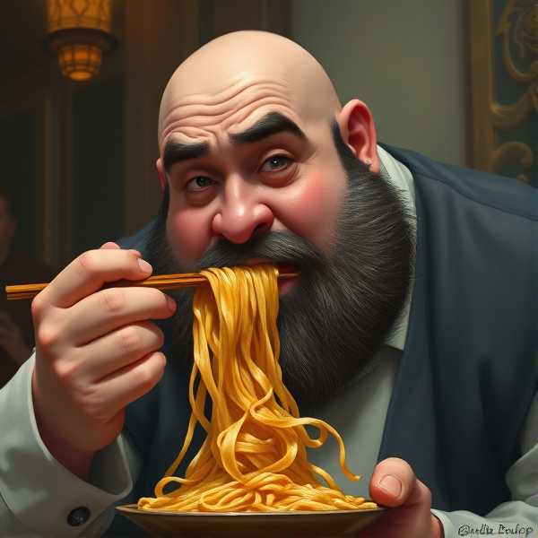 Fat guy eating noodles