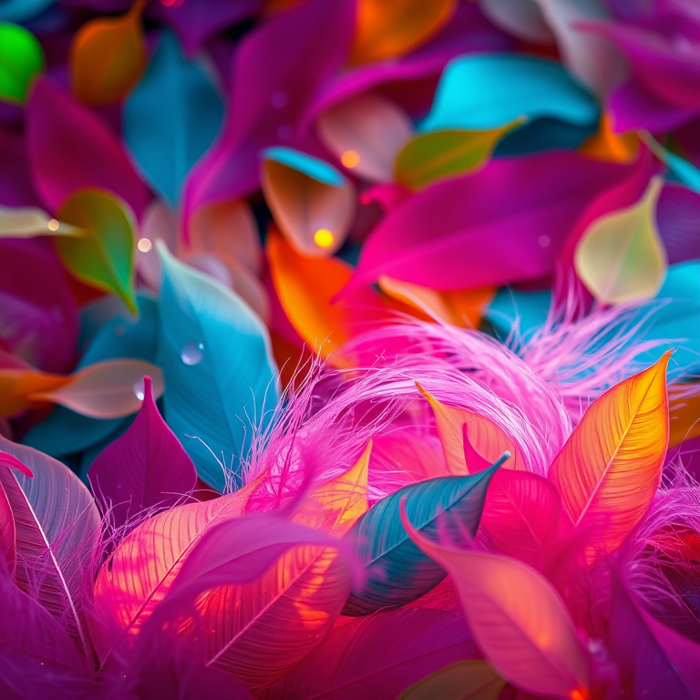 Feather wallpaper, colorful leaves scattered in groups, delicate light, bioluminescence, advanced colors, macaroon colors, transparent high-definition dew, clear leaf veins, realistic photography, Nikon, soft and bright colors, realistic color scheme, exquisite details, realistic, meticulous details