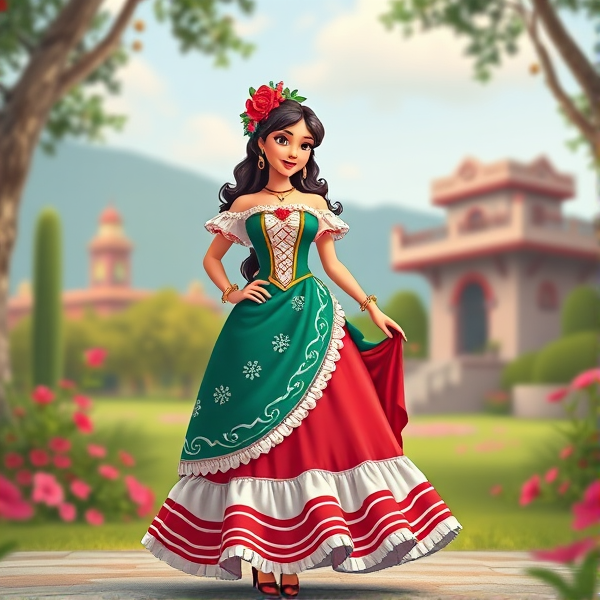 Mujer con vestido de la bandera Mexicana estilo Princesa Disney animada