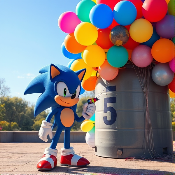 At the sunny day park Sonic the Hedgehog standing right next to a large helium gas cylinder tank, holding a nozzle attached to a vibrant cluster of assorted 16 inch balloons 450 each
