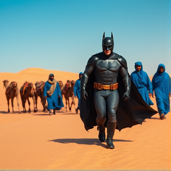 Dans le désert du Sahara, des Touaregs en robes bleues marchent à travers les dunes avec une caravane de chameaux. Le ciel est bleu. Parmi eux se trouve Batman en costume noir et gris, cape au vent.