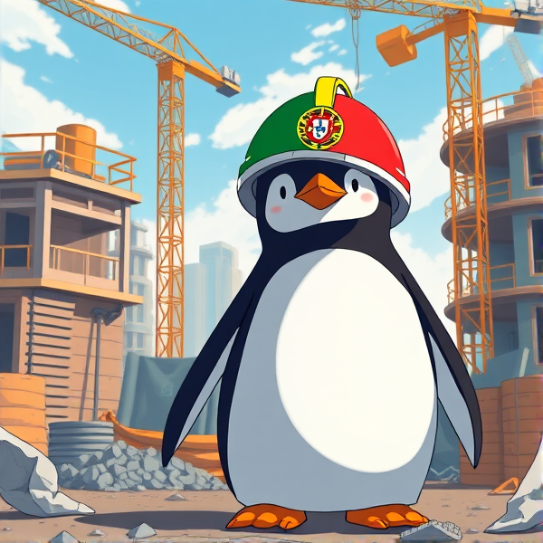 Pingouin dans un chantier avec le drapeau Portugais sur le casques