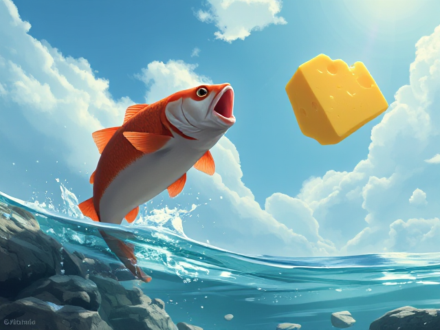 Fish jumping out of water for block of cheese in the air