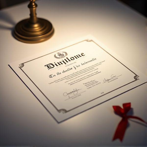 Diplôme écrit en français posé sur une table blanche